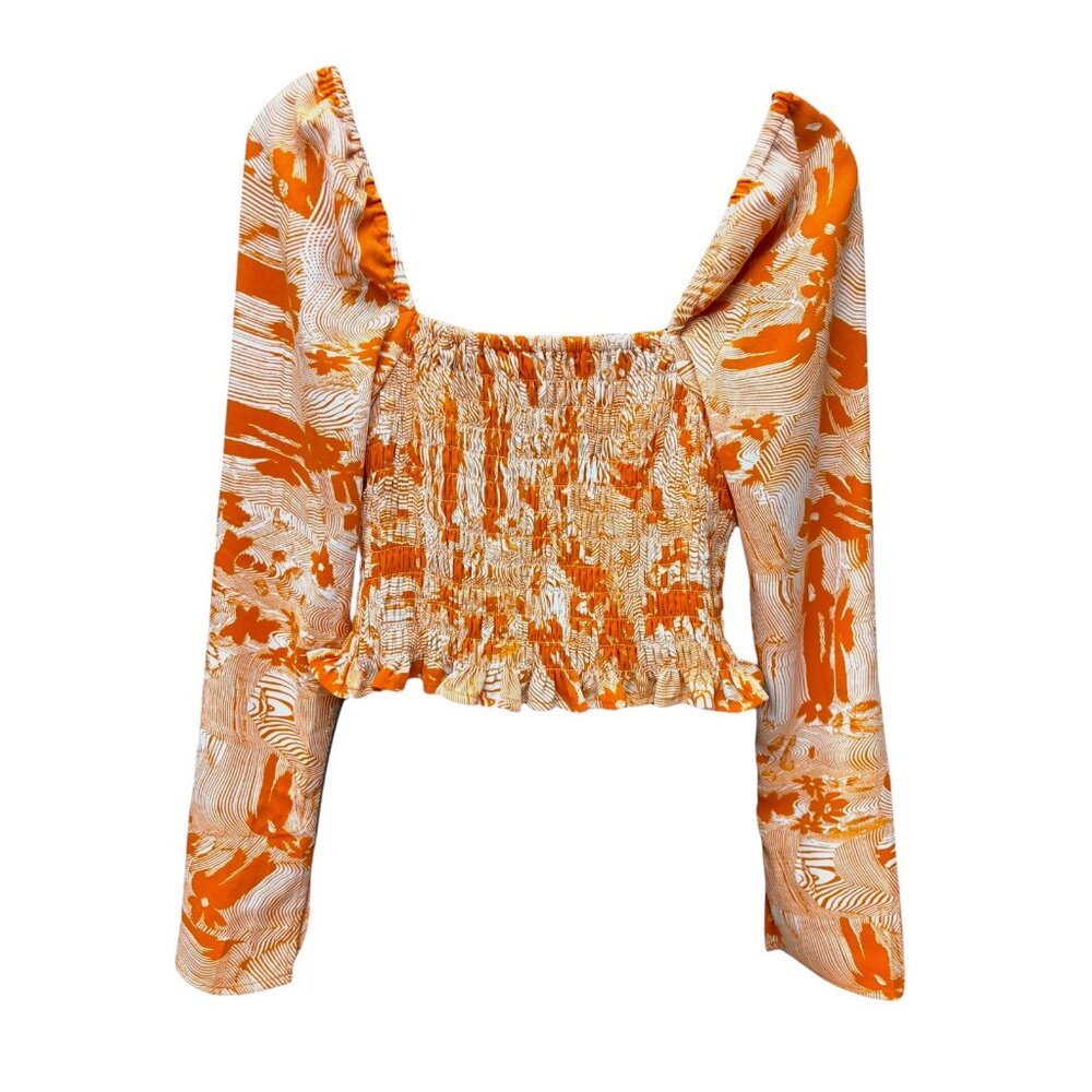 NORDSTROM OPEN EDIT Orange Floral Off Shoulder Smocked Square Neck Top Small‎ - Picture 7 of 9
